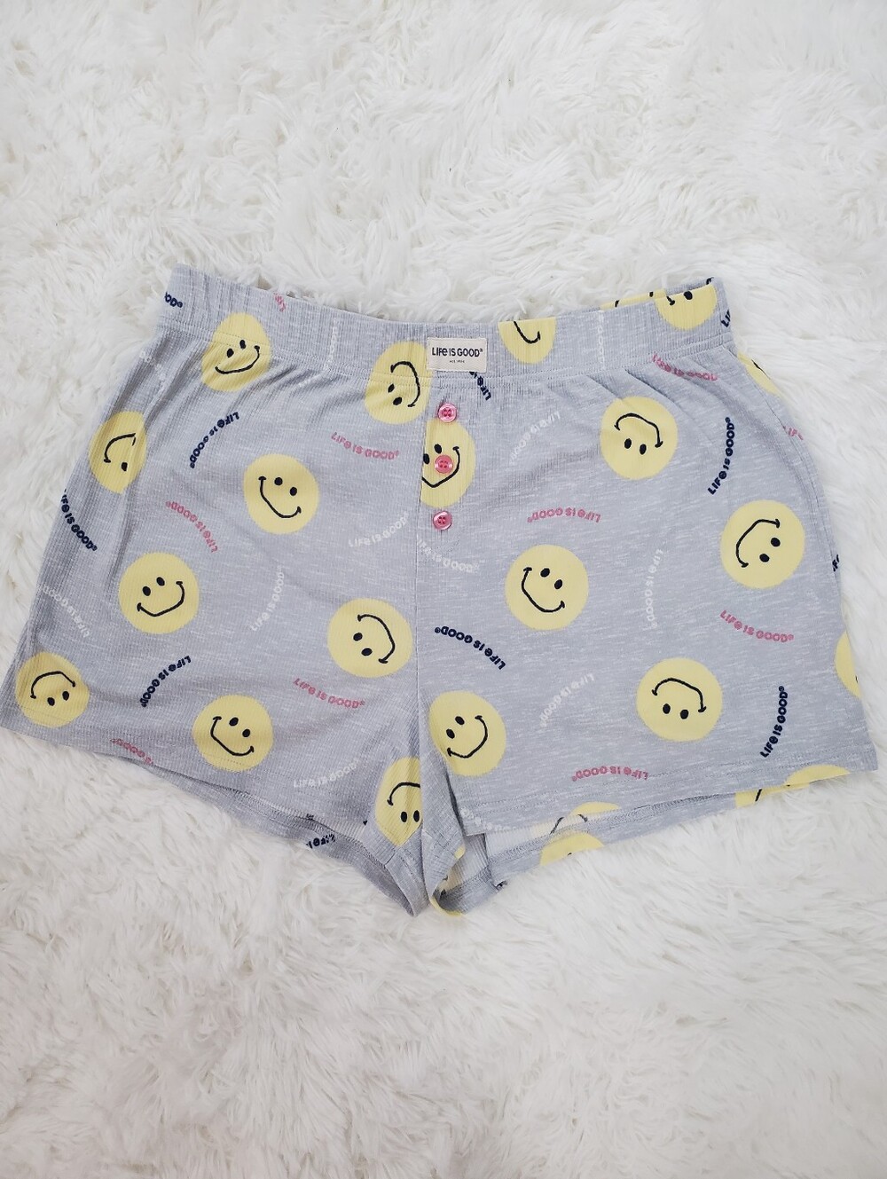 Life Is Good Size M Gray Smiley Face Sleep Pajama Shorts With Elastic Waist